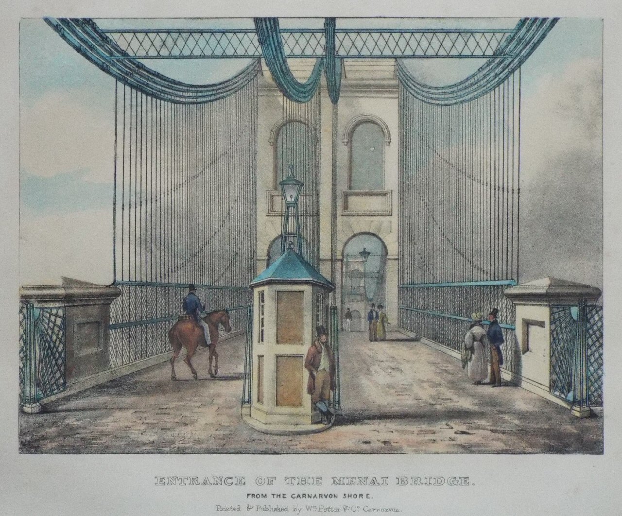 Lithograph - Entrance of the Menai Bridge. From the Carnarvon Shore.